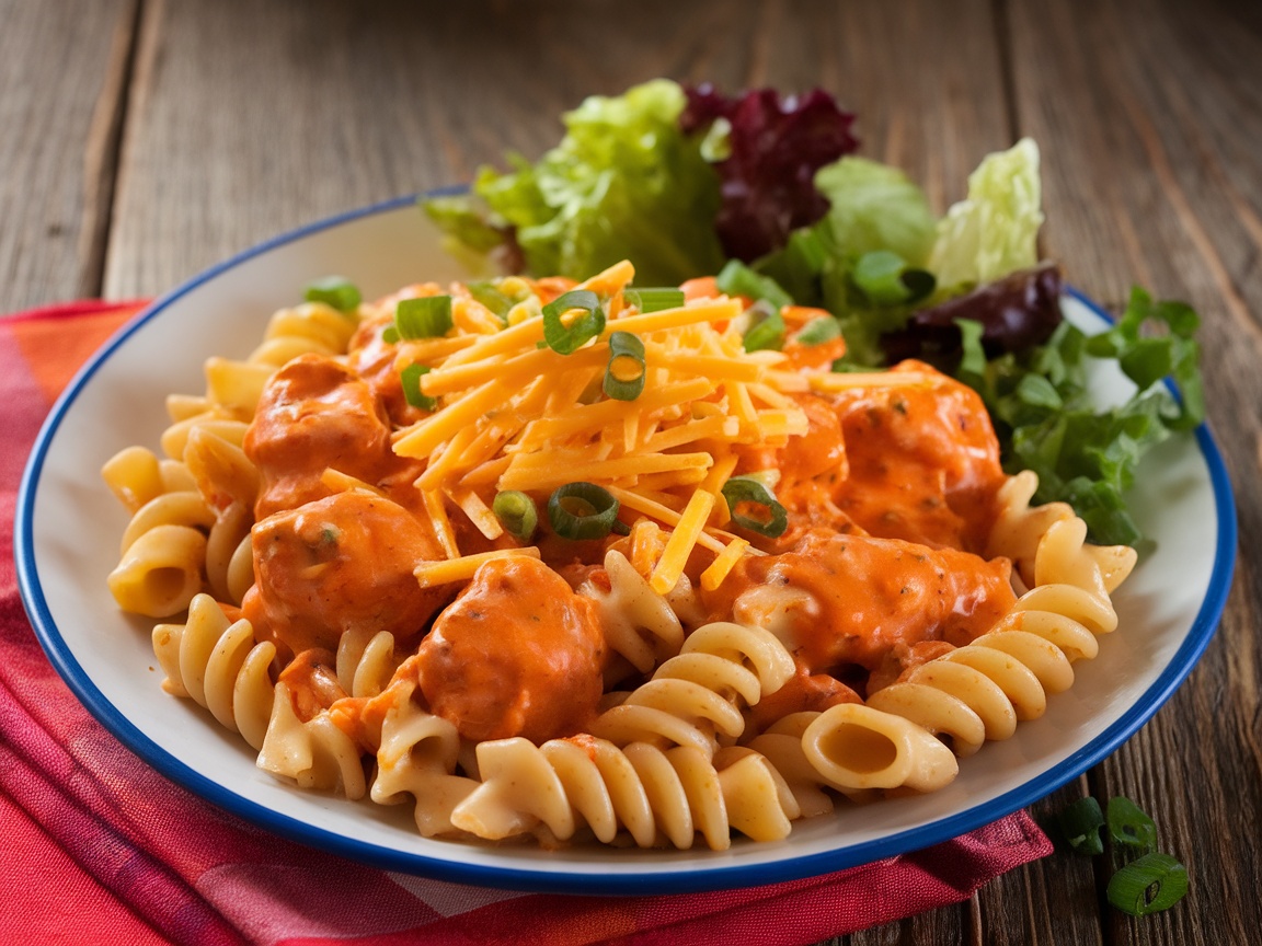 Buffalo Chicken Pasta served on a plate, garnished with green onions, and a side of salad pasta on a rustic table.